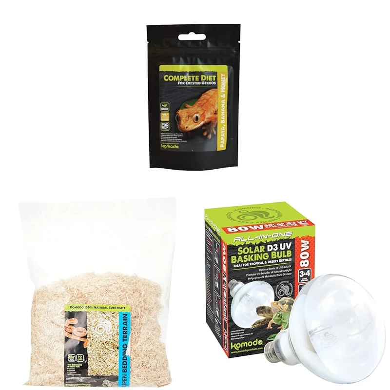 Komodo Crested Gecko Complete Diet Papaya Banana & Honey 60 g + Aspen Bed Terrain Substrate 12 Litre + Solar D3 UV Basking Bulb 80W