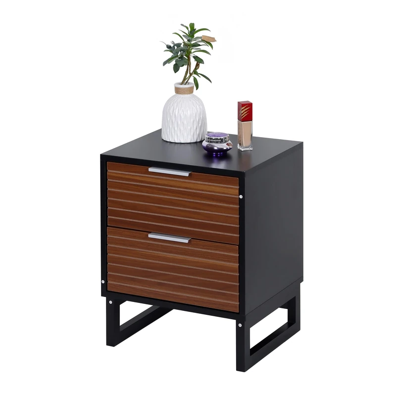 Relaxdays bedside table with 2 drawers, HWD 50x40x33 cm, wood effect, bamboo legs, nightstand for bedroom, brown/black