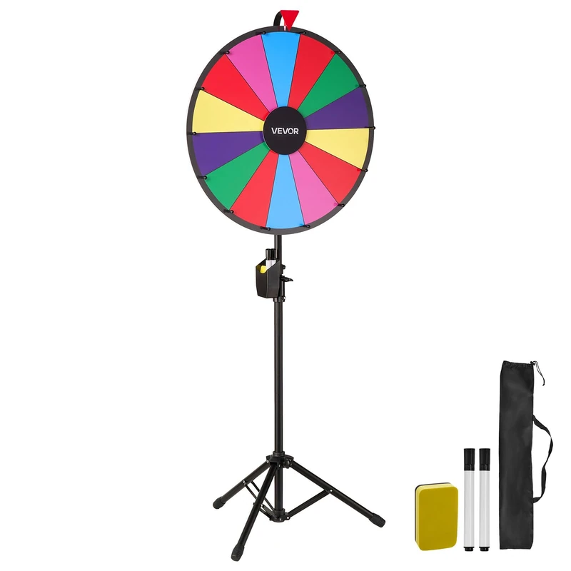 VEVOR 610 mm Spinning Prize Wheel, 14 Slots Spinning Wheel with Tripod, Adjustable Height Win Fortune Roulette with a Dry Erase and 2 Markers, 6 Colors, Easy Assembly,for Party Pub Trade Show Carnival