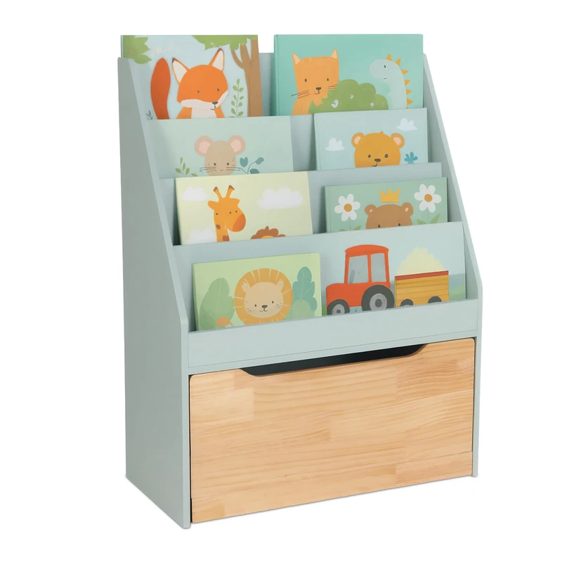 Relaxdays Children's Bookcase, HxWxD: 80x60x30 cm, 4 compartments, toy box on wheels, kids' shelf, turquoise/natural