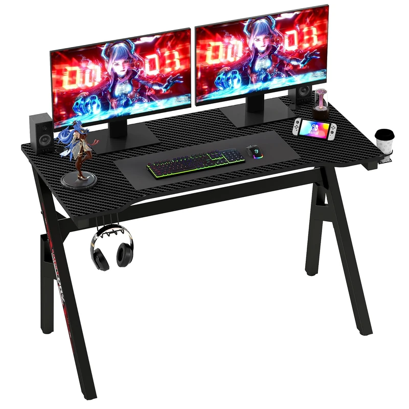 BestOffice | 120cm Gaming Desk | Black & Red | Carbon Fiber Textured Computer Desk | Sturdy Steel Frame,Cup Holder, Headphone Hook, Cable Management Holes, Adjustable Leg Pads for Gamers,Home