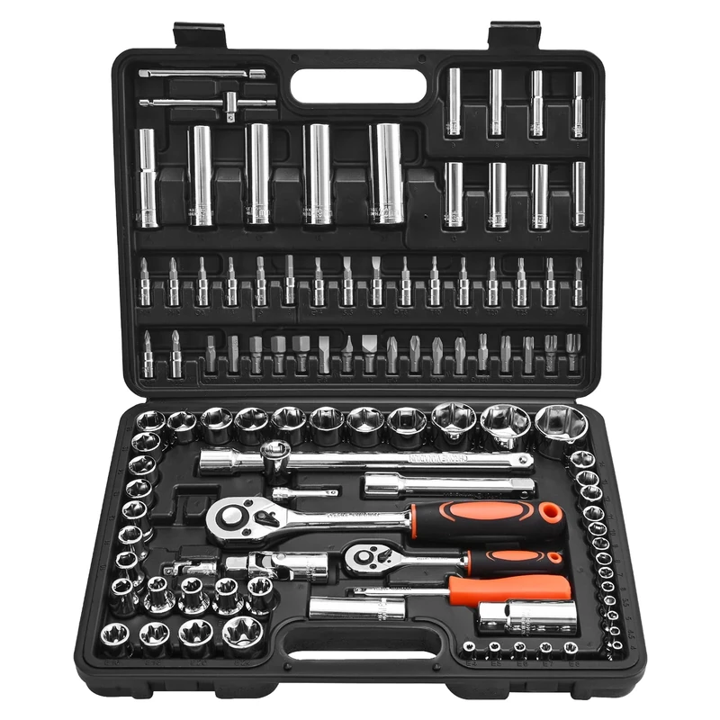VEVOR Socket Set, 108 Pieces, 6.4 & 12.7 mm Drive Socket and Ratchet Set, Metric Size from 4 to 32 mm, Mechanic Tool Kit with Bits, Accessories, Storage Case, CR-V Alloy Steel, for Automotive Repair