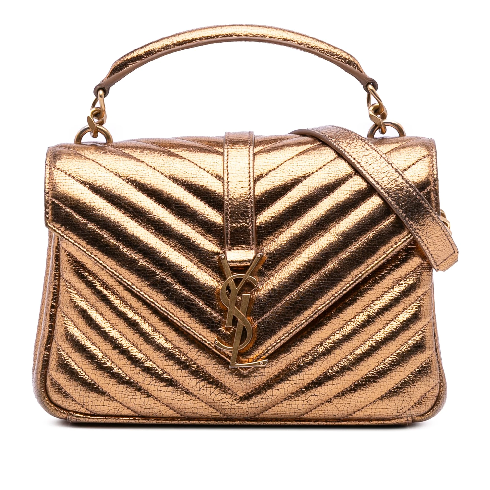 Yves Saint Laurent Pre-Loved Medium Metallic Calfskin Chevron Monogram College Bag Satchel