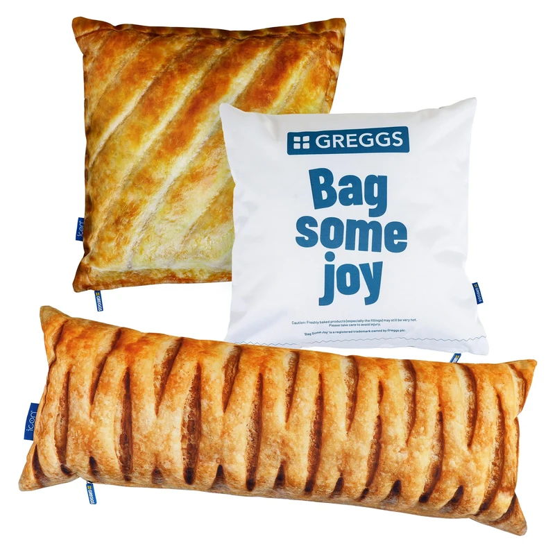 icon Greggs Cushion Set, 43cm x 43cm, 78cm x 30cm, Water Resistant, Indoor Outdoor Cushions Filled, Novelty Gifts, Uni Room Essentials - Image 1