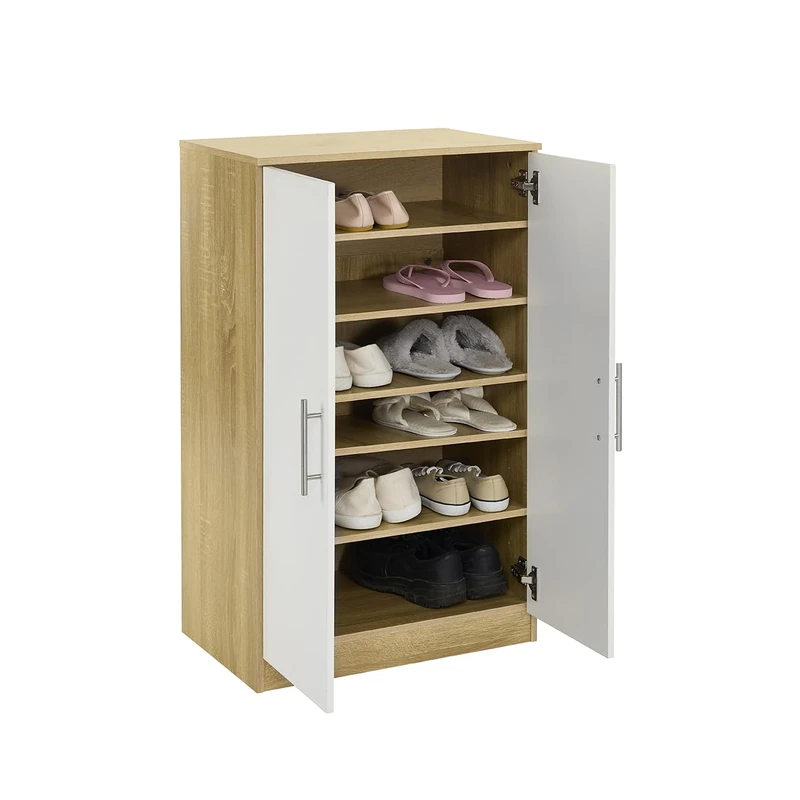 Shoe Storage Cabinet Sonoma Oak White Door Elegant Wooden Shoe Cabinet - 2 Door Shoe Storage with Adjustable 5 Shelves - 90cm Tall