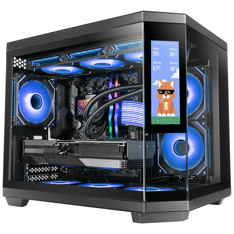 Mars Gaming MC-3TCORELCDM Micro-ATX Gaming Case, Customizable 7.2” IPS Screen, Triple Tempered Glass, Dual Side Chamber Structure, Liquid Cooling Support up to 360mm, Black