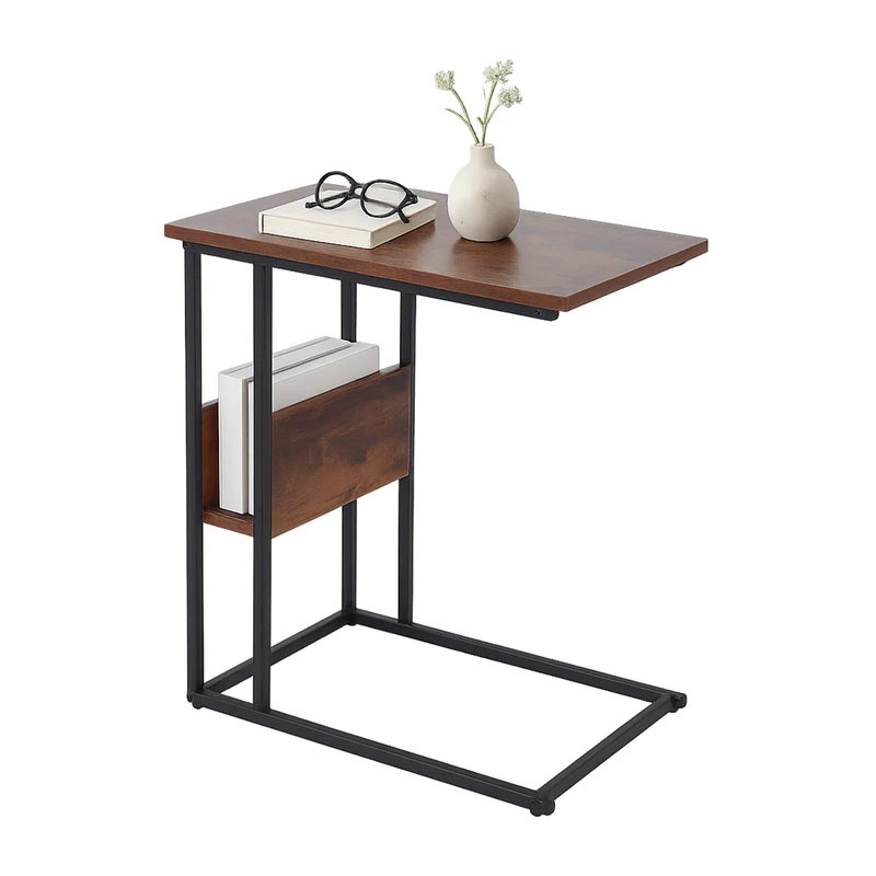 Relaxdays C-shaped side table with storage top and shelf, HWD 60 x 55 x 36 cm, for sofa & bed, metal & MDF, brown/black