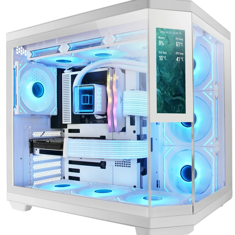 Mars Gaming MC-3TCORELCD ATX Gaming Case, Customizable 7.2” IPS Screen, Removable Triple Tempered Glass, Dual Side Chamber Structure, Liquid Cooling Support up to 360mm, White