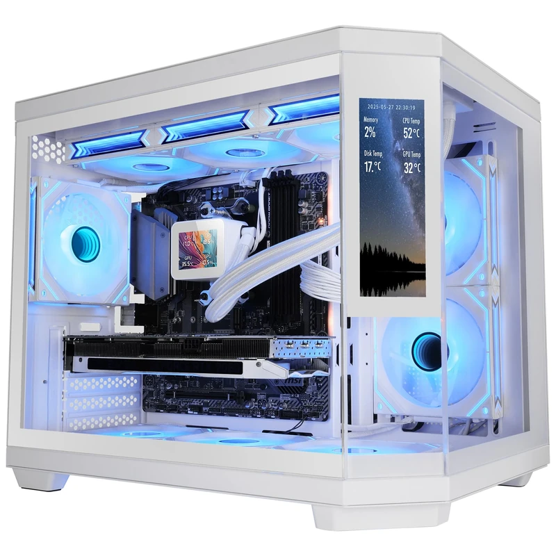 Mars Gaming MC-3TCORELCDM Micro-ATX Gaming Case, Customizable 7.2” IPS Screen, Triple Tempered Glass, Dual Side Chamber Structure, Liquid Cooling Support up to 360mm, White