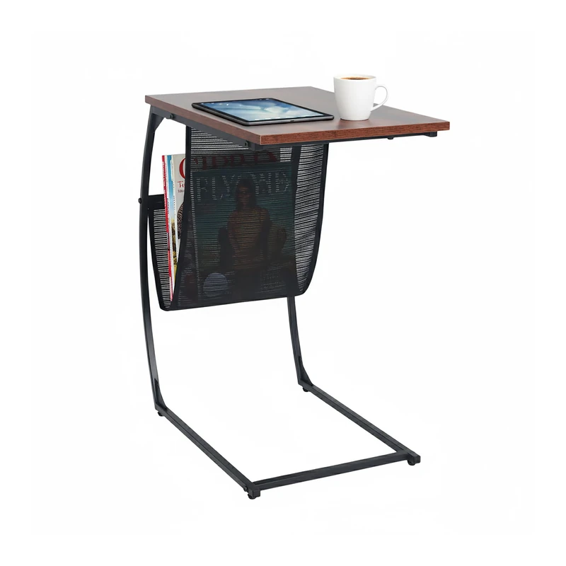 Relaxdays side table with magazine holder, HxWxD: 64x51x35 cm, MDF, metal, C-shape, industrial style, brown/black