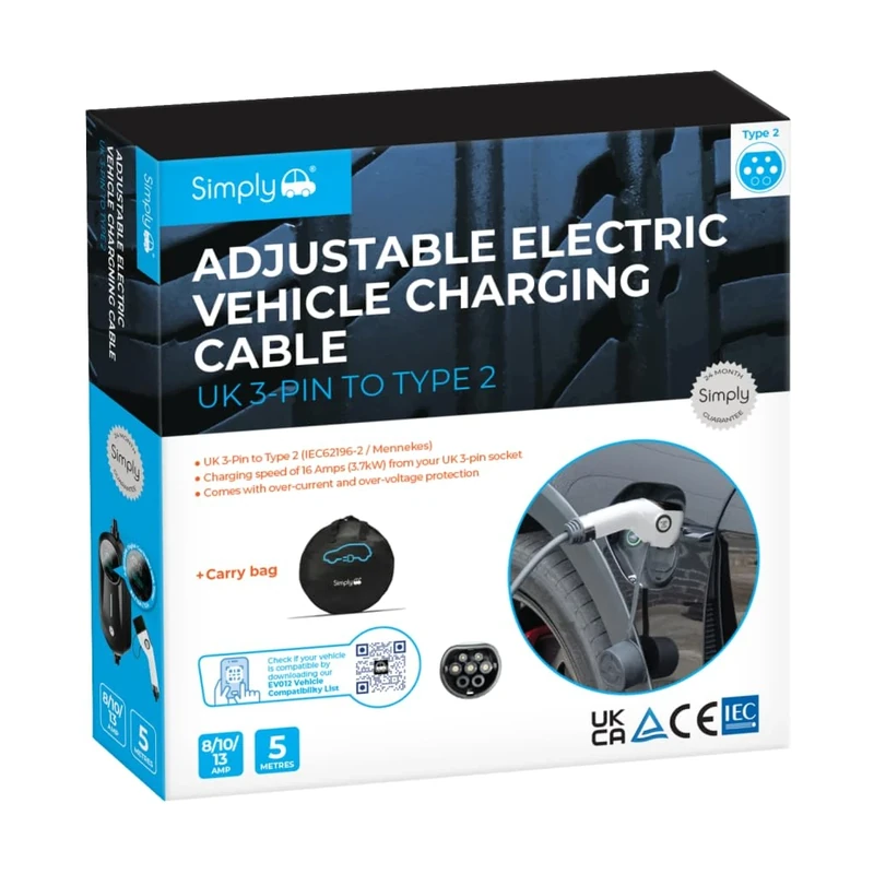 Simply EV012 (Updated 2025 Model) Premium Adjustable Amperage EV Fast-Charging Cable 3.1kW 8/10/13A – UK 3-Pin to Type 2, 5M – Durable & Flexible with Digital Controller + Carry Bag