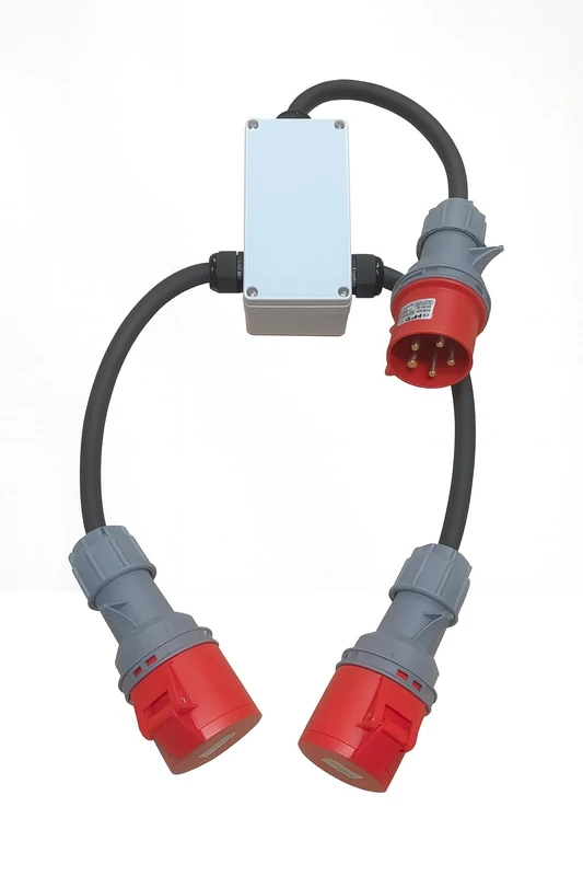 3 Phase 32A 5-Pin Splitter Box Lead 0.5m – 1×32A Plug to 2×32A 5-Pin Sockets – 415V H07RN-F Rubber Cable – Industrial Grade Power Splitter