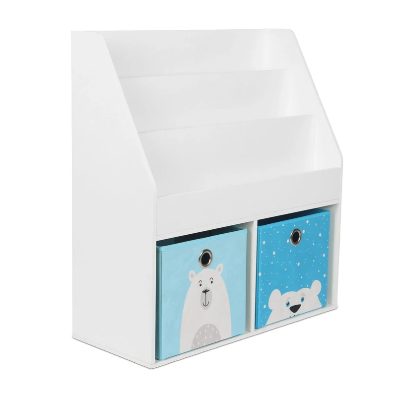 Relaxdays Children's Bookshelf, HWD: 79 x 72 x 30.5 cm, 3 open shelves for books, 2 storage boxes, kids' shelf, white