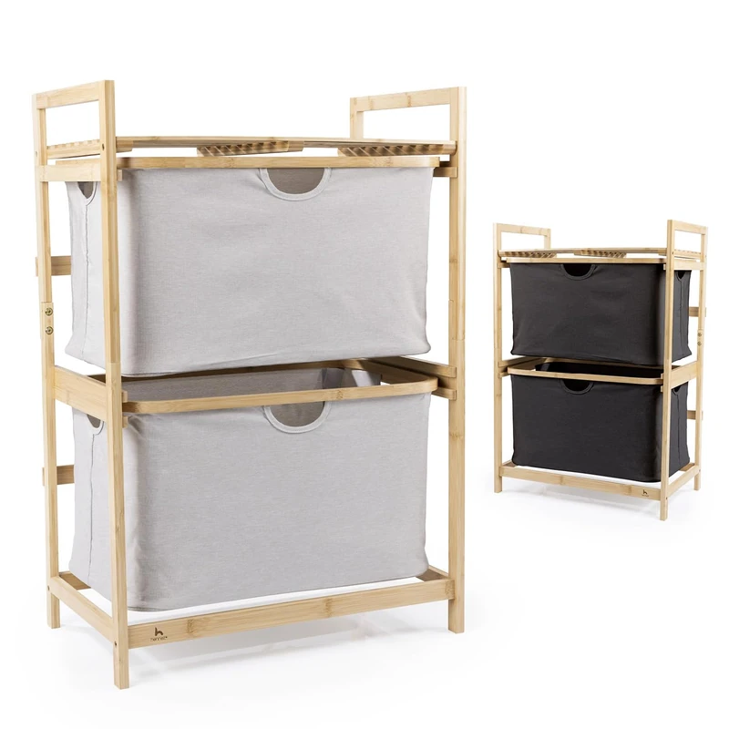 HENNEZ Bathroom Shelf, 2 Compartments, Bamboo Shelf with Shelf and 2 Baskets, Bathroom Shelf with Drawer Boxes, Standing Shelf, Ideal as a Chest of Drawers & Laundry Hamper, Laundry Sorter with Fabric