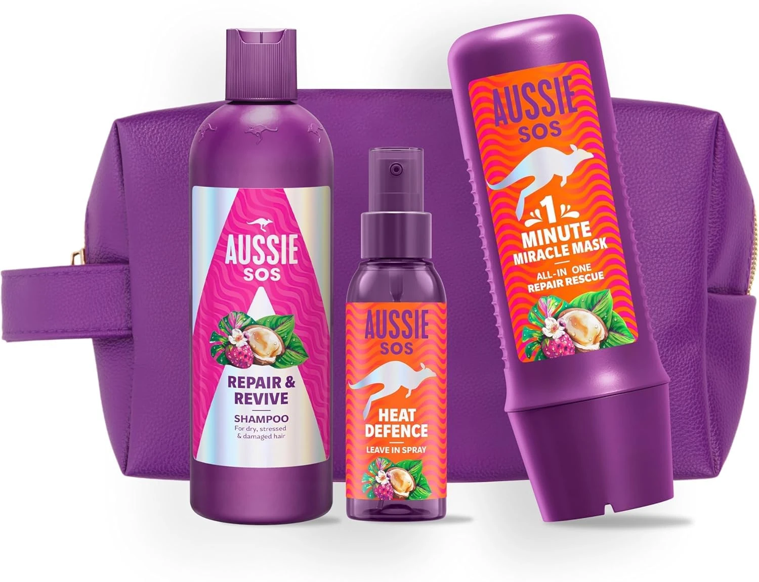 Aussie SOS Repair Gift Set - Repair & Revive Shampoo 300ml + Heat Defence Spray 100ml + 1 Minute Miracle Rescue Mask 250ml, Helps Repair Dry and Damaged Hair, 100 Hours of Hydration