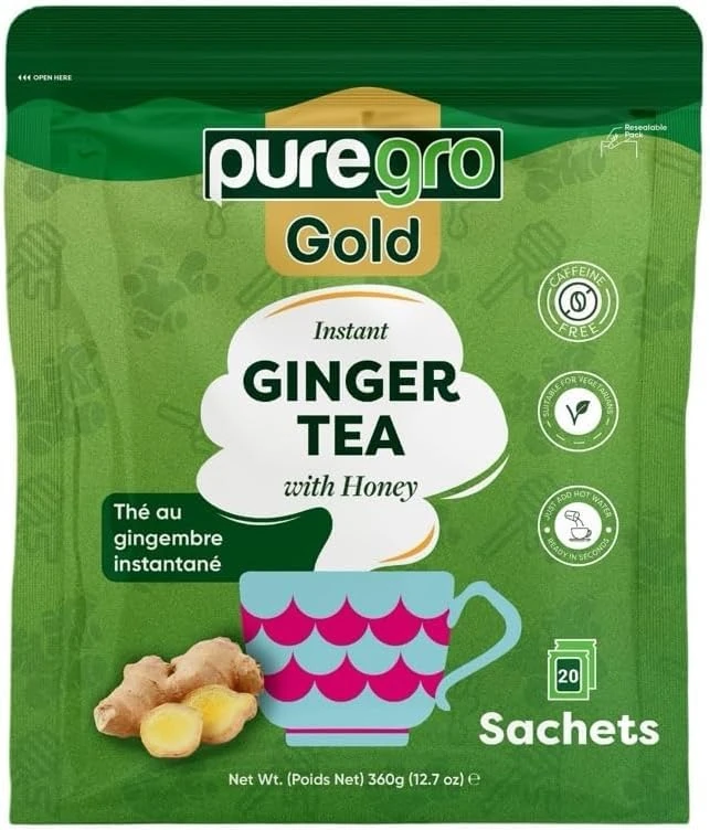 Puregro Gold Instant Ginger Tea with Honey 360g (20 Sachets) | BOX OF 12 | InstantGinger Tea | Warming Beverage, Soothing & Refreshing | Natural Ginger & Sweet Honey Blend | Easy to Prepare.