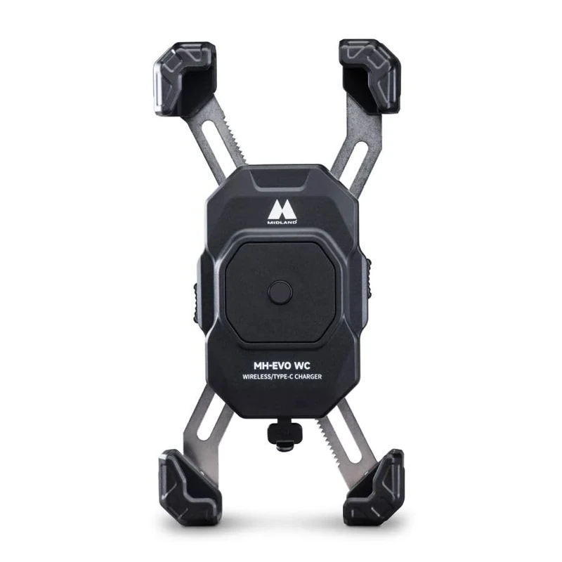 Midland – Motor Bike Phone Holder MH EVO WC C1656, Universal Aluminum Holder for Smartphones, Wireless Charging, Four Hooks Security System, USB Charging Port, Bike Phone Mount, Motorbike Accessories