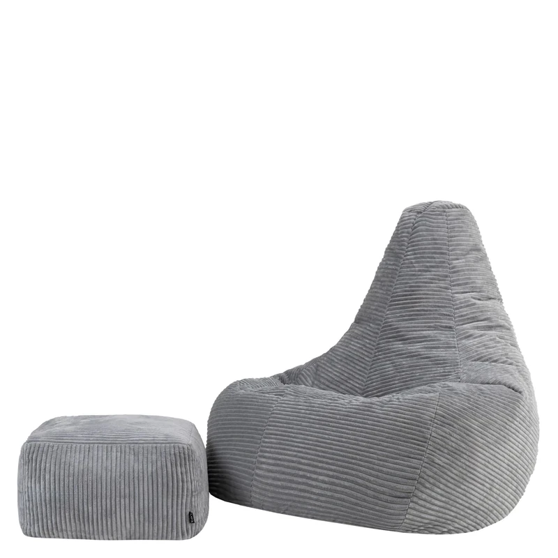 icon Dalton Large Cord Bean Bag Chair and Footstool, Grey, XXL Adult Bean Bag with Filling Included, Comfy Chair, Living Room Furniture, Bedroom Furniture