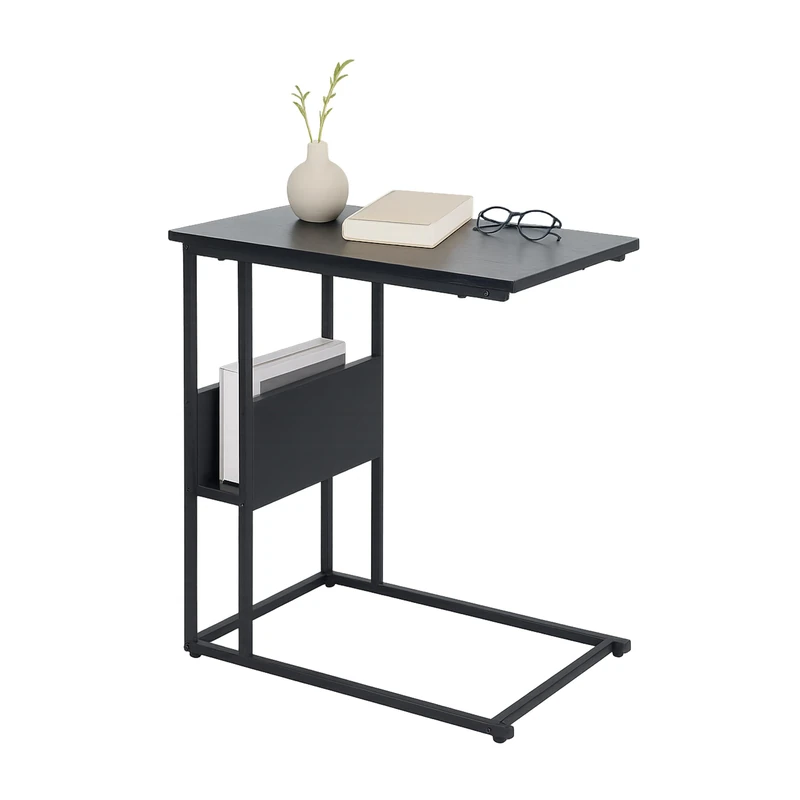 Relaxdays C-table with storage shelf and compartment, HxWxD 60 x 55 x 36 cm, for sofa & bed, metal & MDF, black