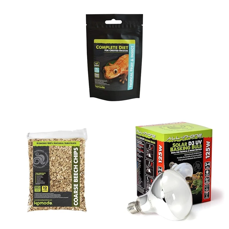 Komodo Crested Gecko Complete Diet Tropical Fruit & Insect 60 g + Coarse Beech Chips Substrate 12 Litre + Solar D3 UV Basking Bulb 125W