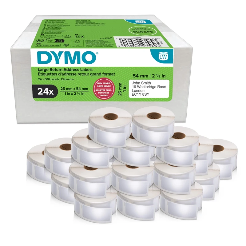 Dymo Authentic LabelWriter Return Address Labels | 25 mm x 54 mm | Self-Adhesive | 24 Rolls of 500 Easy-Peel Labels (12,000 Count) | for LabelWriter Label Makers | Made in Europe