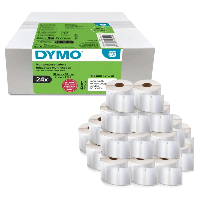 Dymo Authentic LabelWriter Multi-Purpose Labels | 32mm x 57mm | 24 Rolls of 1,000 Easy-Peel Labels (24,000 Count) | Self-Adhesive | for LabelWriter Label Makers