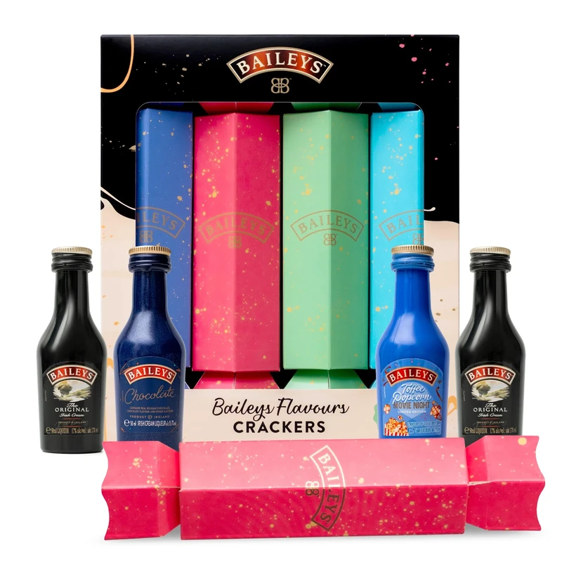 Baileys Alcohol Christmas Crackers Luxury - 4x 5cl Baileys Miniature Bottles - Original Irish Cream Liqueur, Chocolate & Toffee Popcorn, Party Xmas Crackers, Mini Festive Gift Set, Mum Stocking Gifts