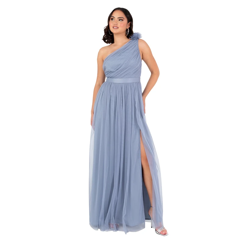 Anaya with Love Women's Maxi Dress Ladies Sleeveless One Shoulder Ruffle Asymmetric Sash Tie Belt Slit Tulle A-line Bridesmaid Ball Gown, Slate Blue 14