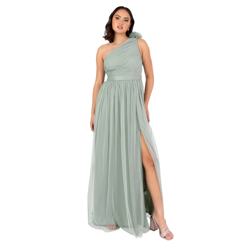 Anaya with Love Women's Maxi Dress Ladies Sleeveless One Shoulder Ruffle Asymmetric Sash Tie Belt Slit Tulle A-line Bridesmaid Ball Gown, Frosty Green 22