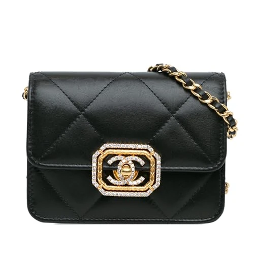 Chanel Pre-Loved Quilted Calfskin Strass Card Holder On Chain Crossbody Bag