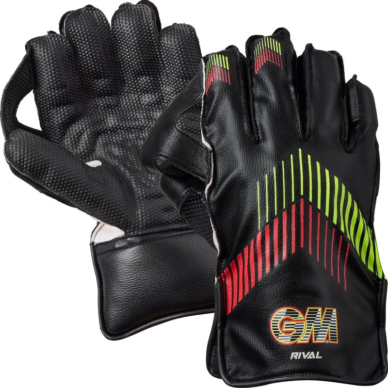 Gunn & Moore GM Rival Cricket Wicket Keeper Keeping Gloves | PVC Faux Leather Back of Hand | Cotton Lining & Pimple Rubber Palm Facing | Youths | 1 Pair | Black with Red & Green Chevron