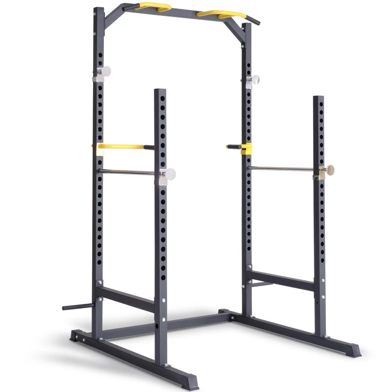 Ultrasport Power Rack with pull-up station, dip station, barbell holder, weight storage racks, stable and heavy-duty steel tube construction, power cage, black and yellow