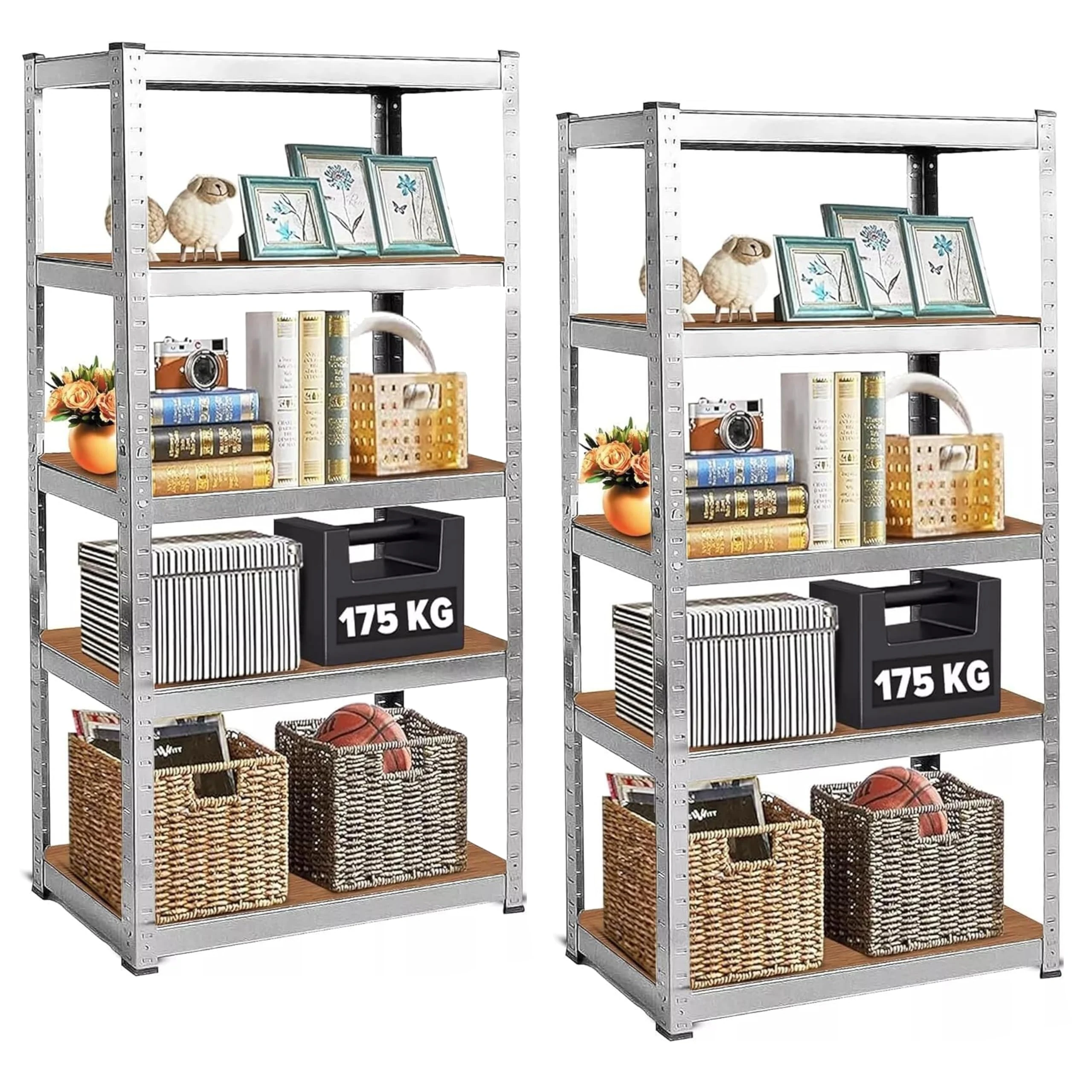 LUXTROUS Garage Shelving Units 5-Tier Storage Shelves Pack Of 2, 175kg Per Shelf, 5mm MDF Boards, Shed Storage Racking Shelf Adjustable Metal BOLTLESS Design for Living Room,Office(Silver,70x30x150cm)