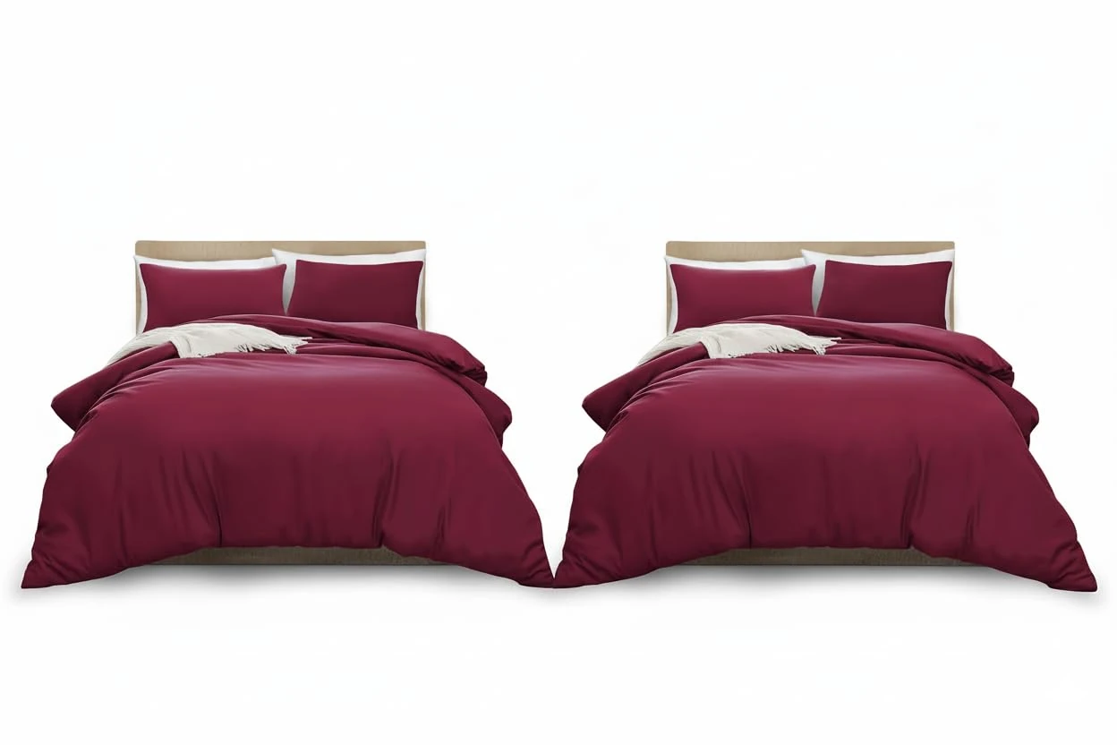 MOONLIGHT20015 Double Duvet Cover Set Pack of 2 Burgundy Solid Soft Pre-Washed Double Bedding Duvet Cover Sets with 2 Matching Pillowcases