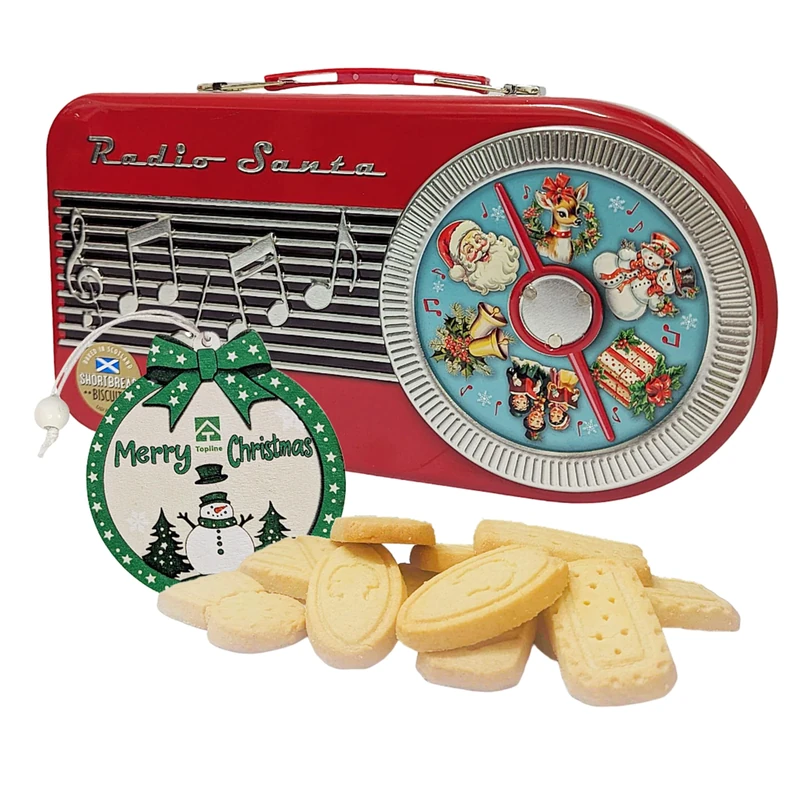 Musical Radio Shortbread Biscuit Tin - Retro Style Santa Radio Tin Filled with Scottish Shortbread Cookies 200g & Topline Christmas Ornament. Biscuits Gift Set for Christmas Stocking Fillers