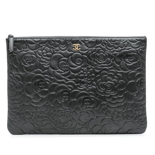 Chanel Pre-Loved Large CC Embossed Lambskin Camellia O Case Clutch