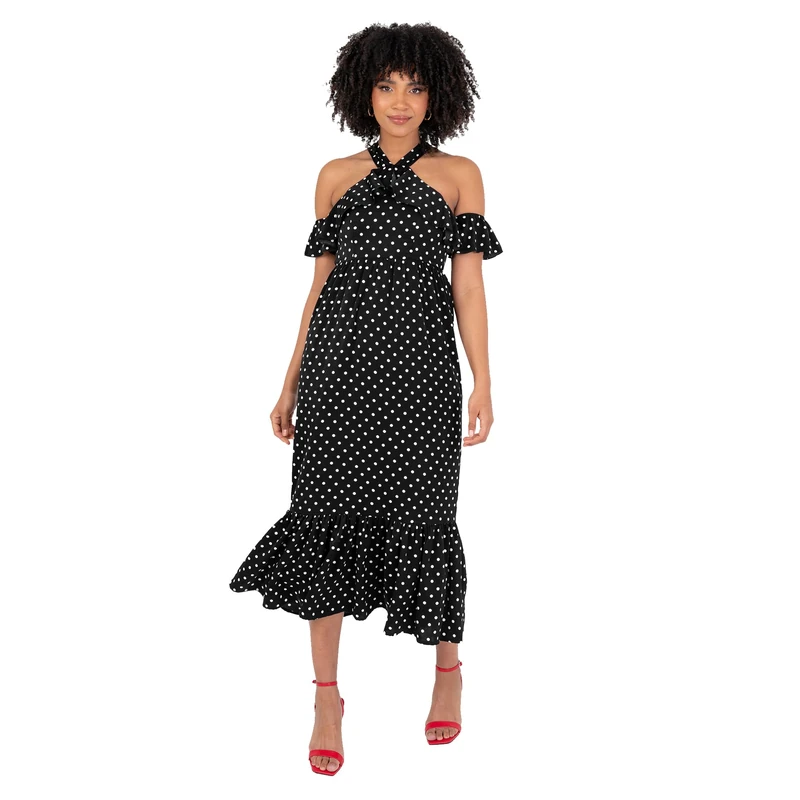 Lovedrobe Women's Midi Dress Ladies Halterneck Cold Shoulder Sleeve Ruffle Trim Polka Dot Tiered Bottom Hem A-line Keyhole Back, Black 8