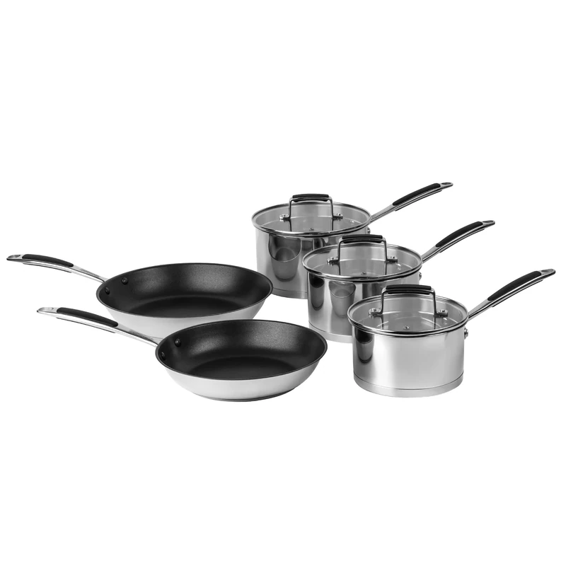 Prochef 5-Piece Pan Set, Stainless Steel, 16/18/20cm Saucepans with Glass Lids, 24/28cm Non-Stick Frying Pans, Silicone Handles, Dishwasher Safe, Induction Compatible