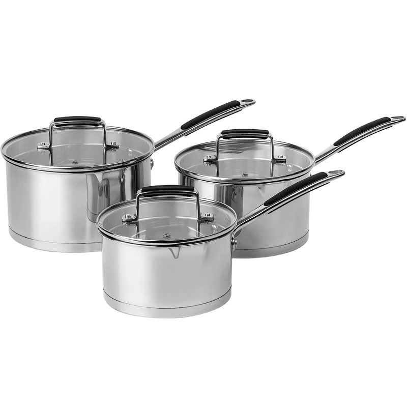 Prochef Stainless Steel 3 Piece Saucepan Set, Mirror-Polished Finish, 16cm/18cm/20cm, Induction Compatible, Tempered Glass Lids, Silicone-Coated Handles
