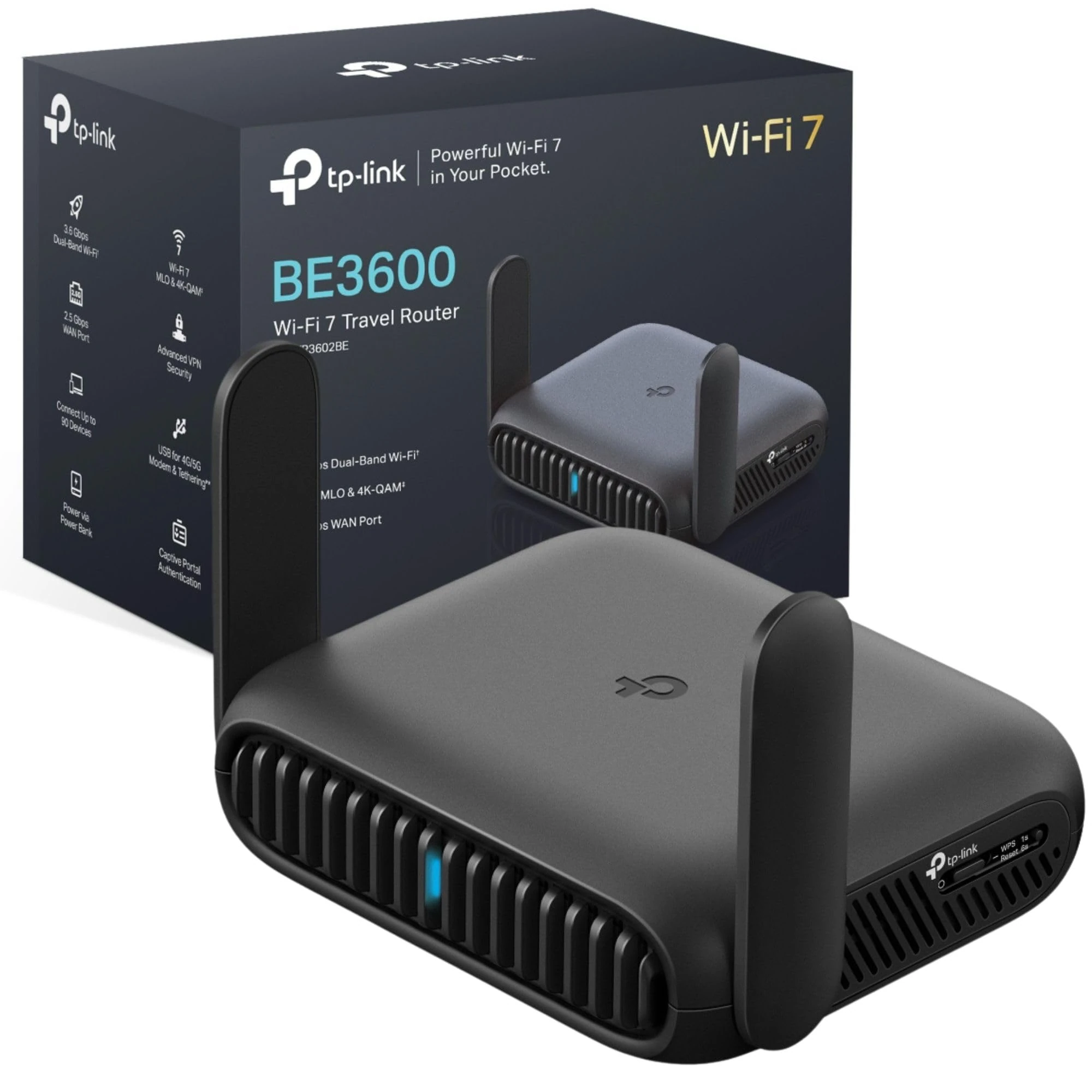 TP-Link TL-WR3602BE BE3600Mbps Wi-Fi 7 Travel Router, USB 3.0 and 2.5 Multi-Gig WAN Ports, Portable WiFi Router, VPN Client or Server, Hotspot, Access Point, USB Tethering