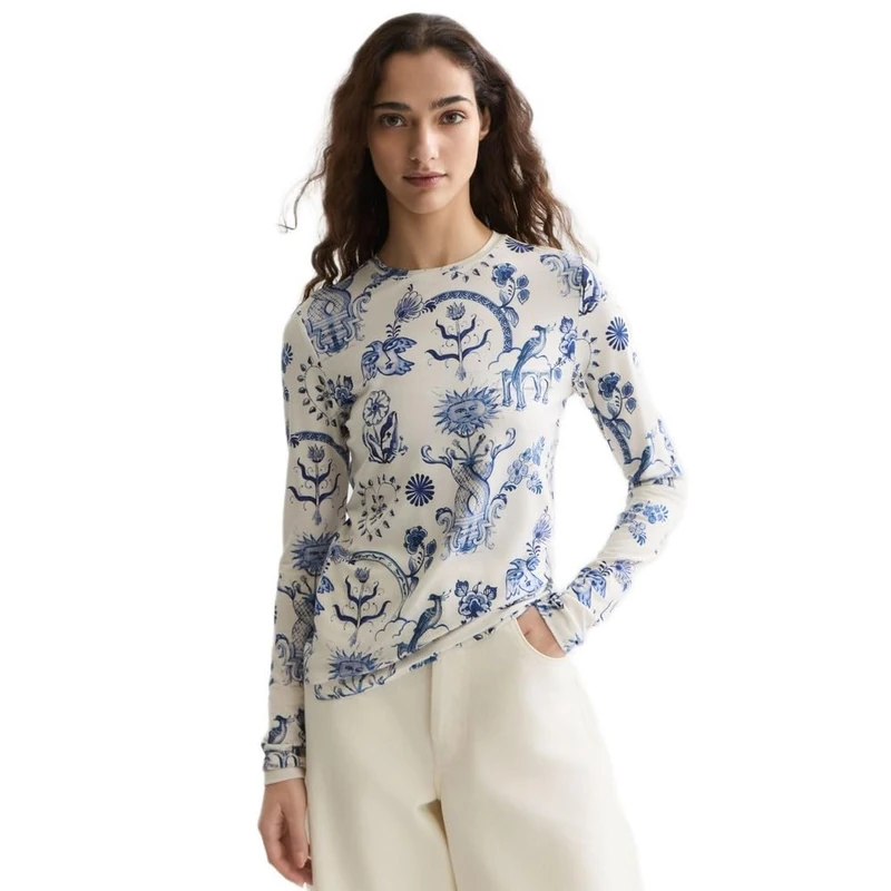 Scotch & Soda Women's All Over Printed Slim Fit Ls T-Shirt, Delft Tiles Blue U258, XS