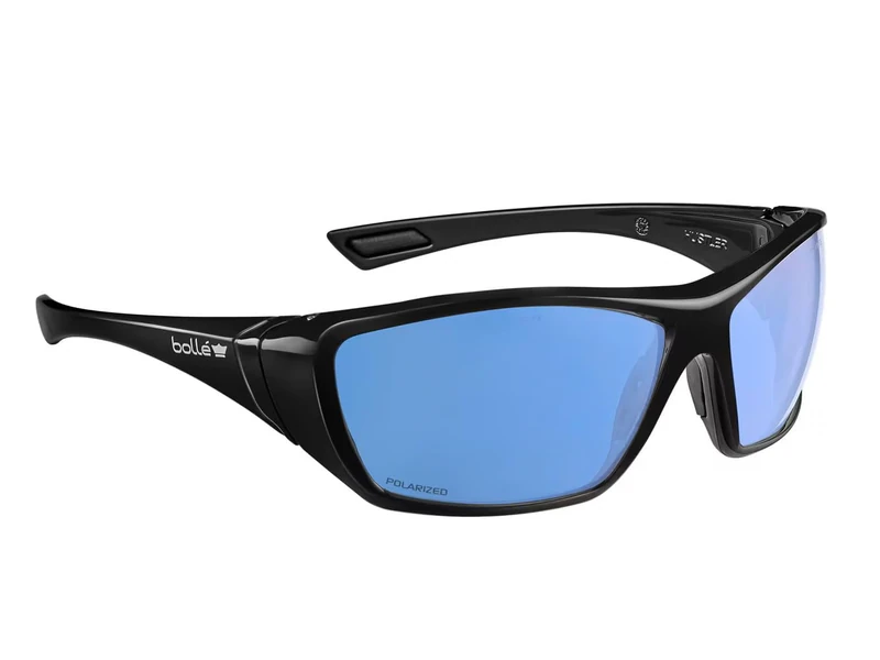Bolle HUSTLER safety glasses with cobalt flash polarized lens, wraparound frame, non‑slip fit and PLATINUM Lite anti‑scratch and anti‑fog coating, CE and UKCA marked to EN standards.