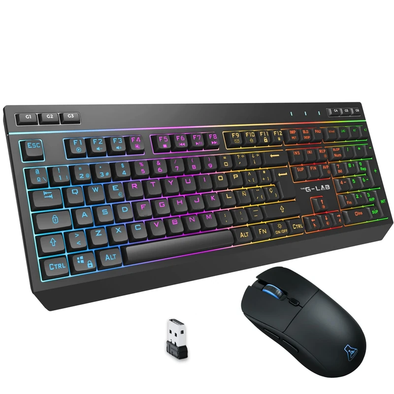 The G-Lab Combo Tungsten EX – Wireless Gaming Keyboard and Mouse – Triple Connection 2.4GHz / BT/Cable – Spanish Wireless QWERTY Keyboard – RGB & Macro – Mouse 6400 dpi – PC/PS4/PS5