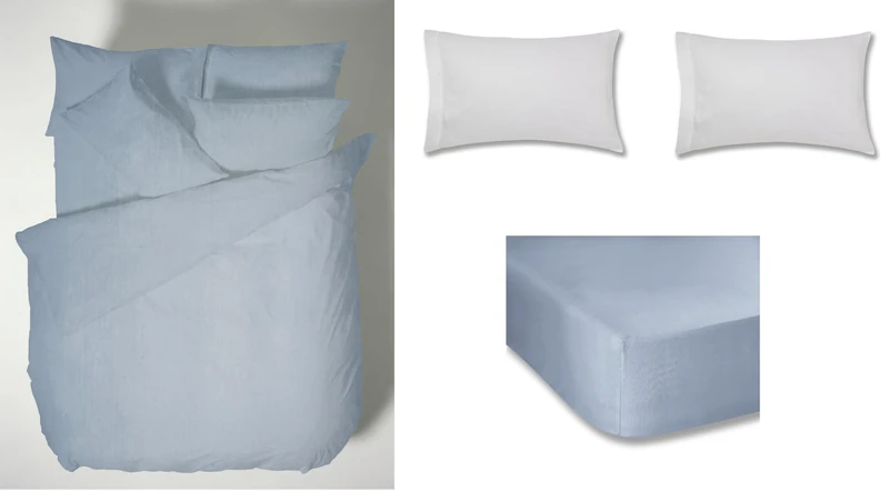 Plain Dyed Denim Duvet Cover Set 250 x 220 + 50 x 80 (2) + Fitted Sheet 180 x 200 cm + 2 Pillowcases 50 x 80 H/W White - Image 1