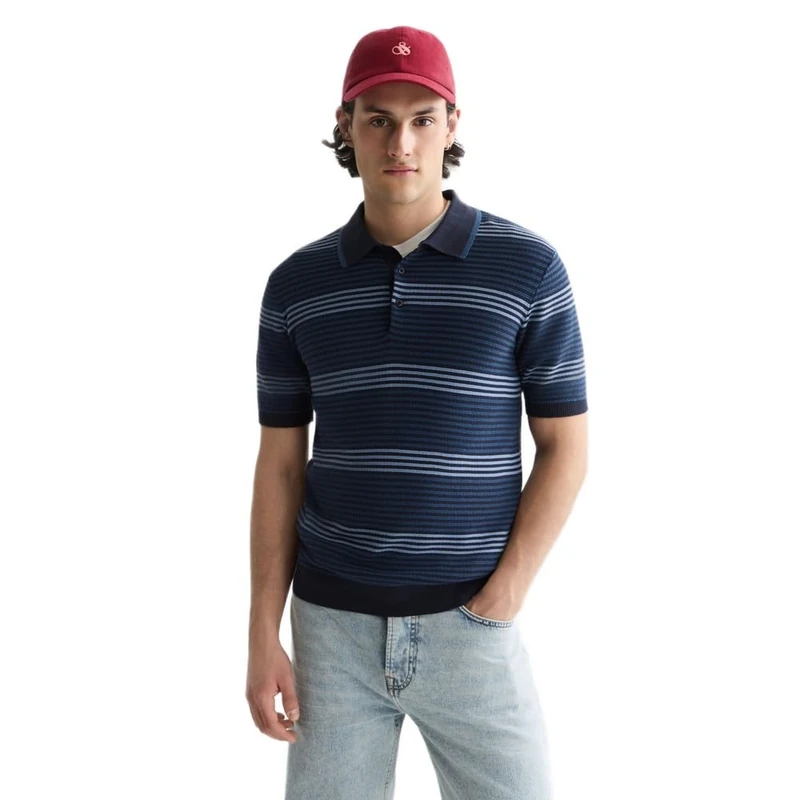 Scotch & Soda Men's Knitted Polo Shirt, Ensign Blue Stripe 410, S
