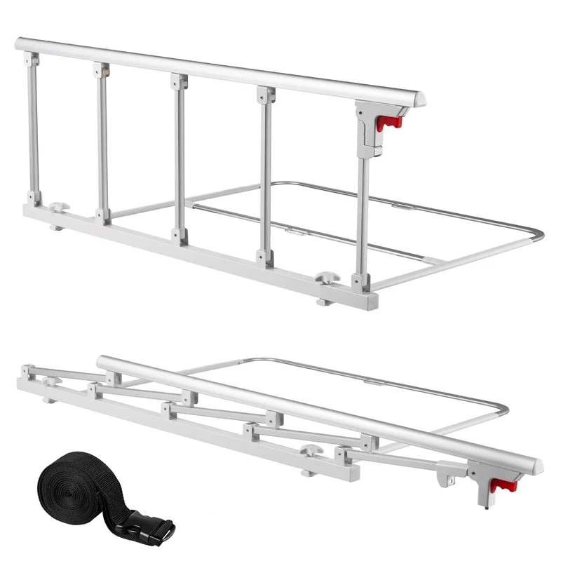 VEVOR Foldable Bed Rail for Elderly, 122 cm Bedside Assist Rail with Fixing Strap, Adjustable Height Pipe Bedside Cane, High-Strength Metal Senior Bed Bar, Hand Guard Grab Fits King, Queen, Full, Twin