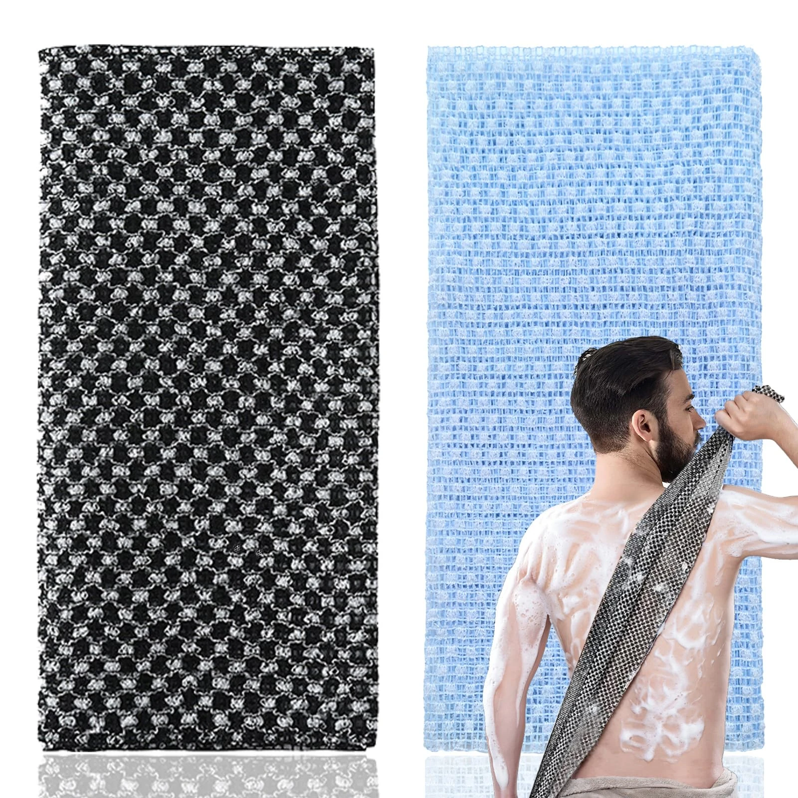 2Pcs Japanese Exfoliating Towel,Exfoliating Shower Towel,Extra Long Exfoliating Washcloth for Men Women,Exfoliating Body Scrubber for Cleaning&spa(Black+Blue)