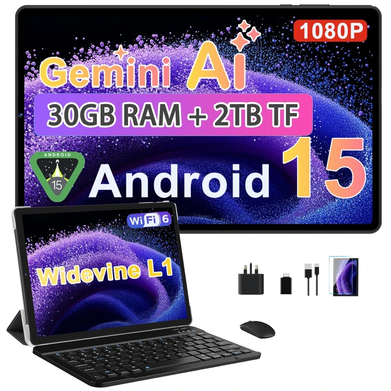 Biegedy 2026 Newest Tablet 10 Inch Android 15, Gemini AI, 30GB RAM + 2TB TF, 6000mAh,Octa-Core,Widevine L1,WiFi 6,5 MP + 8 MP,1280 * 800 Pixels,GMS,Bluetooth 5.0, Tablet with Keyboard and Mouse Black