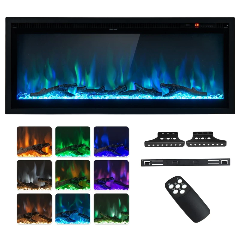 GiantexUK 42”/106cm Electric Fireplace, Freestanding/Wall Mounted/Recessed Electric Fire with 9 Flame Colors, 5-Level Brightness, Adjustable Thermostat, Remote Control & 8H Timer (106 x 14 x 45cm)