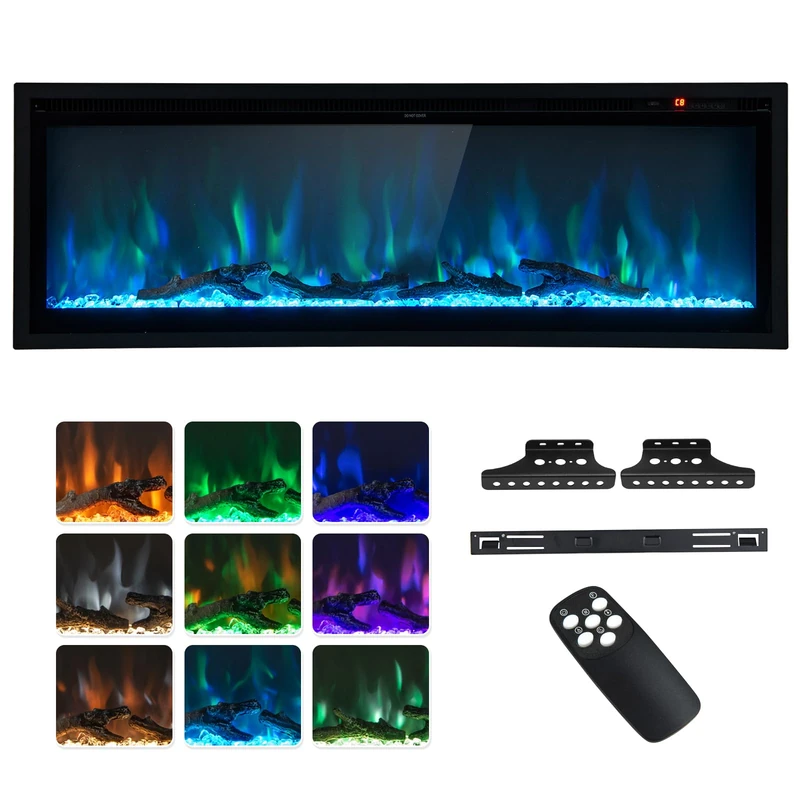 GiantexUK 50”/127cm Electric Fireplace, Freestanding/Wall Mounted/Recessed Electric Fire with 9 Flame Colors, 5-Level Brightness, Adjustable Thermostat, Remote Control & 8H Timer (127 x 14 x 45cm)